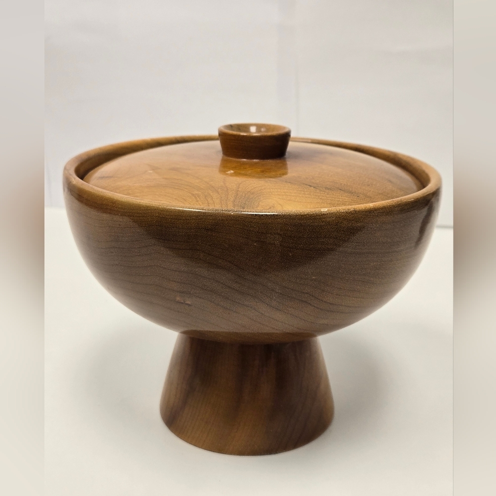 Vintage Myrtle Solid Wood Pedestal Bowl w/ Lid Mid Century Modern Footed Compot